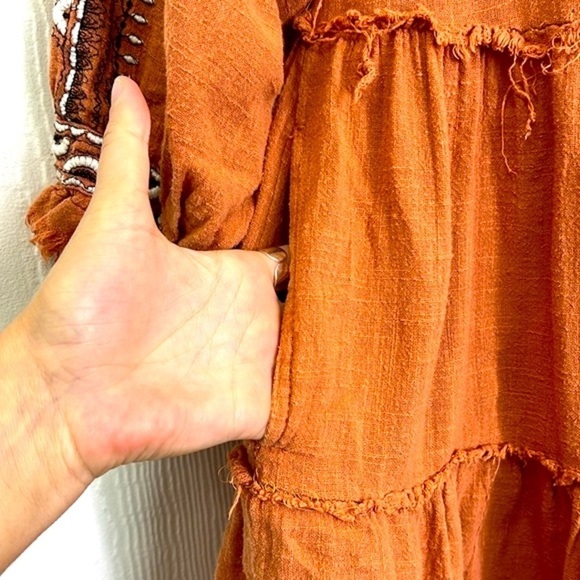 Free People - Dream Weaver Boho Frayed Terracotta 3/4 Sleeve Pocket Blouse Small - Picture 10 of 15
